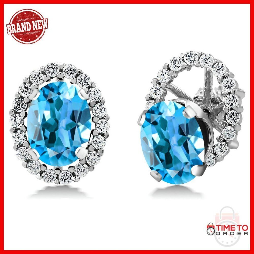 Sterling Silver Oval Gemstone Stud Earrings with Removable Halo Jackets